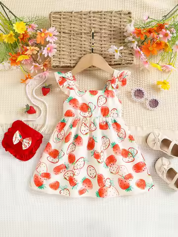 1pc Baby Girls Strawberry Print Sundress with Bag, Sweet Style, Daily/Party/Vacation, 0-18M, Breatha