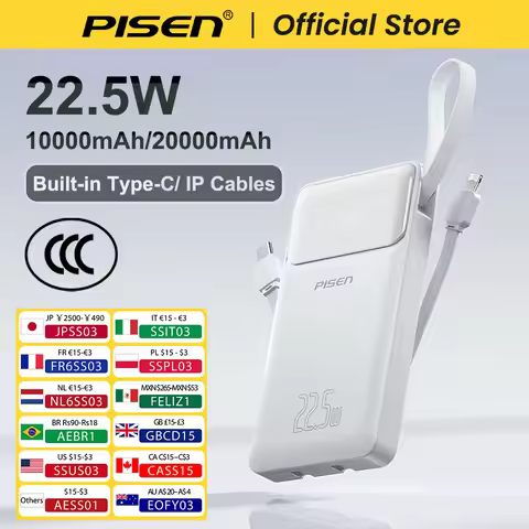 PISEN 3C Certified 22.5W Power Bank 10000mAh/ 20000mAh With Built-in Type C/L Cables Fast Charging P