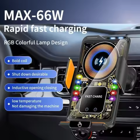 Magnetic 15W Car Wireless Charger Max 66W Fast Charging Auto-Clamping RGB Light Phone Holder Stand B