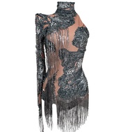 Sexy One Sleeved Women Latin Dance Outfit Gray Rhinestone Sequin Fringe Tight Jumpsuit Pole Dance Ja