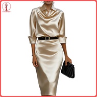 fulaide Women V-neck Dress Slimming Women Dress Women’s Satin Midi Shirt Dress Long Sleeve V Neck Bo