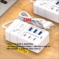 T185 ORIGINAL Charger 3 USB PD TYPE C 3A 65W PLUG CABLE 1 METER 6 USB 5V ADAPTOR USB A ADAPTE