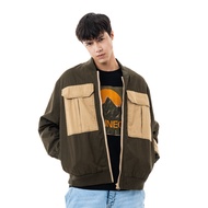 C by camel active Unisex Men/Women Long Sleeve Bomber Jacket in Oversized with Contrast Panel in Army Green Cotton