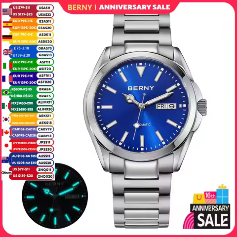 BERNY Automatic Watches for Men Super Luminous Week Calendar Mechanical Wristwatch Sapphire NH36 Ful