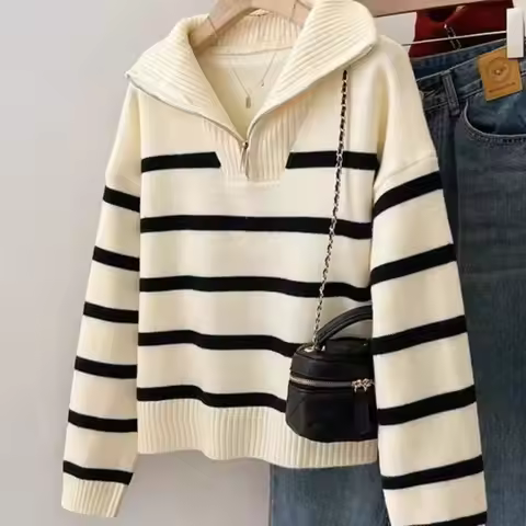 2025 New Hong Kong Style Retro Knit Ribbed Jacket for Women, Autumn and Winter New Loose Zipper Swea