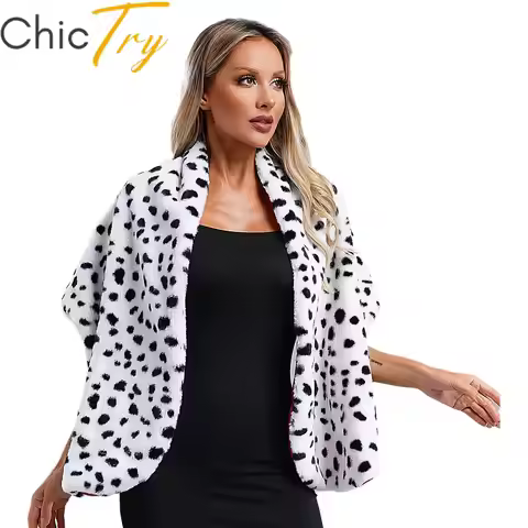 Women Artificial Fur Cape Shrug Dalmatian Print Shawl Scarf Cosplay Halloween Masquerade Theme Party