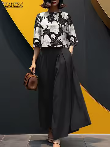 2025 ZANZEA Summer Pant Sets Fashion Matching Sets Women 3/4 Sleeve Printed Blouse Wide Leg Trousers