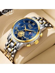 LIGE 原創手錶頂級品牌男士手錶經典羅馬錶盤豪華男士石英防水夜光時鐘