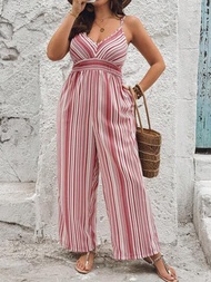 SHEIN VCAY 加大碼粉白色條紋雙肩帶連身褲，側袋設計，寬鬆適合夏季海灘穿著的女裝