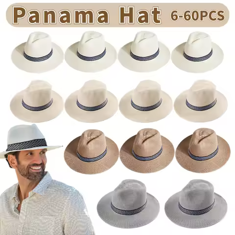 6-60Pcs Panama Hat for Man Woman Wedding Guests Beach Sun Hats UPF50+ Weave Fedora Hat Wide Brim Hav