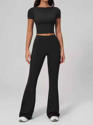 2PCS Yoga Set Women Short Sleeve O Neck Slim T Shirts Fitness Suits Outdoor High Waisted Wide Leg Pa