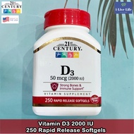 วิตามินดีสาม Vitamin D3 50 mcg (2000 IU) 250 Rapid Release Softgels - 21st Century