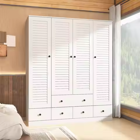 4-Door Armoire Wardrobe 2 Rods 5 Drawers Shelves Wood Clothing Storage Bedroom 19.1x59.1x70.5in, Cus
