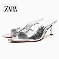 Zara Women's Shoes Silver Black Leather Metal High-Heeled Fish Mouth Sandals 23531