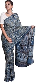 Women's Ajrak Print Geometric Cotton Mulmul Saree and Blouse Fabric (Blue), Blue, 5.5 Meters, Blue, 