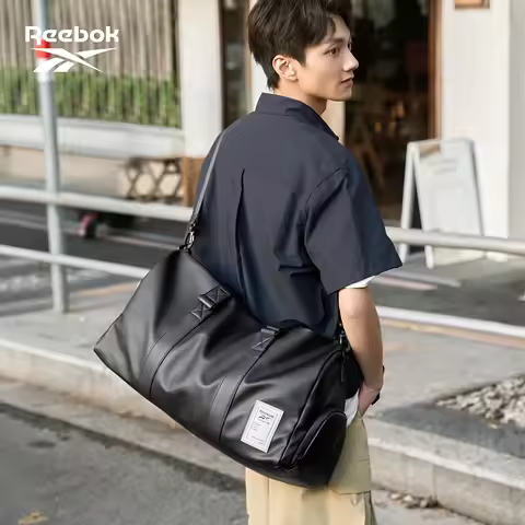 REEBOK Large Capacity Black Leather Duffel Bag Women Men Sport Gmy Big Dry Shoes Compartment Weekend