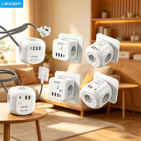 LENCENT EU Plug Power Strip Cube with 4AC Outlets +2 QC3.0 USB+1 PD20W Type C 2M Extension Cord Exte