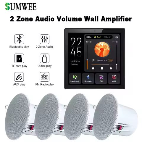 2 Zone Audio Volume Wall Amplifier Multilingual 4 Inch Touch Screen Bluetooths TF FM Sound Control P