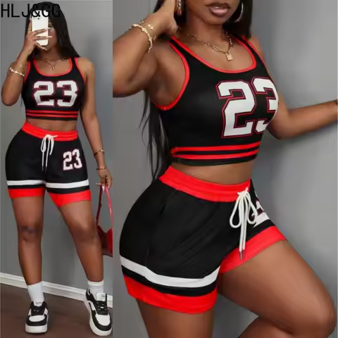 HLJ&GG Summer New Stitching Letter Print Two Piece Sets Women O Neck Sleeveless Tank Top And Drawstr