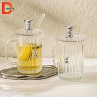 Bear 400ml Bear-Shaped Glass Cup, Bearbrick Drinking Glass Cup With Lid And Luxurious Heat Resistant Straw