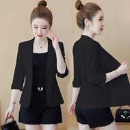 ❀ Professional Blazer Short Jacket Blazer Women Summer Thin Slim-fit Mid-sleeve Top Temperament Casual Three-quarter Sleeve Small Short Suit Black