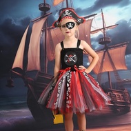 Children's Halloween Pirate Mesh Tutu Skirt Costume Party Skull Head Girl Performance Outfit