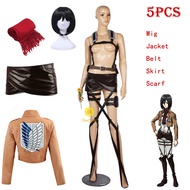 Anime Attack on Titan Mikasa Ackerman Cosplay Costume Set Wig Leather Shorts Harness Belt Apron Skir