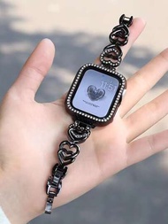 2入組蘋果手錶錶帶，蘋果手錶保護殼+錶帶，高端奢華閃亮珠寶閃亮水晶鑽，PC硬材料黑色邊框保護殼和雙心設計金屬手鏈，適用於蘋果手錶Ultra 2 1 Se S9 8 7 6 5 4 3 2 1系列，優美卓越的女士替換手錶智能手錶38mm40mm41mm42mm44mm45mm49mm智能手錶配件手帶