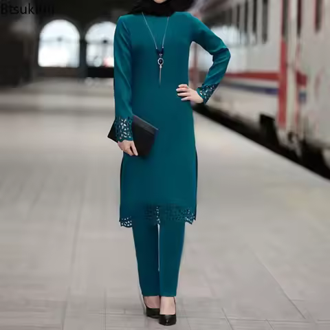 2026 Women Muslim Abaya Sets Fashion Hollow Out Long Sleeve Dreess and Pants Two Pieces Women Islami