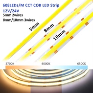 MJJC(MJJC MALAYSIA) | DC 12V 24V CCT COB LED Strip Light 5mm 8mm 10mm 608 LEDs/m 2700K to 6500K LED