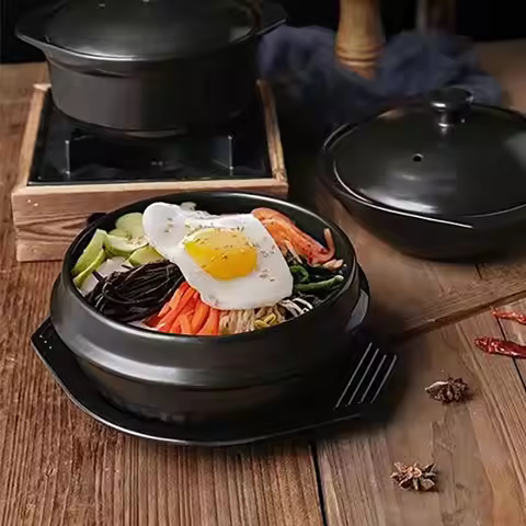 16cm Size Casserole Clay Pot with Tray Heat-resistant Bibimbap Cookware Black Classic Anti-scald Cer