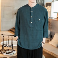 ️ 21 Spring Summer Men Chinese Style Asian Simple All-Match Shirt Three-Quarter Sleeve Plus Size Top