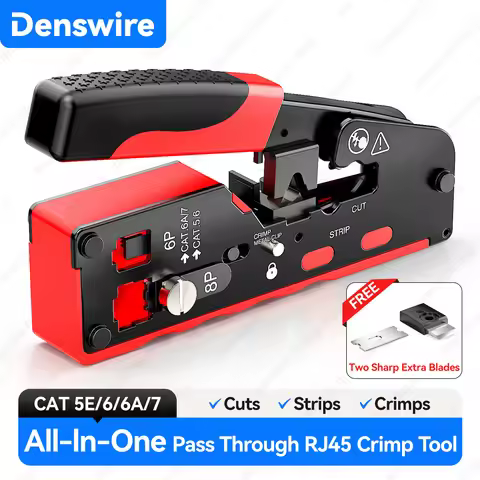 Denswire RJ45 Crimp Tool Pass Through Crimper Cutter for CAT6 CAT6A CAT5e CAT7 RJ11/RJ12 Plugs Ether