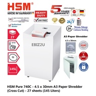 HSM Pure 740C - 4.5 x 30mm A3 Paper Shredder (Cross Cut) - 27 sheets (145 Liters) ( 740, non stop)