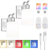 JAZAVA Modern Battery Operated Wall Sconce with Frosted White Glass Lampshade RGB Bulb Wireless Rech