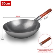 Konco 30CM/32CM/34CM Uncoated Pan Frying Pan Chinese Iron Wok With Wooden Handle Wok Gas stove Cooker Pan Stir Fry Pan Kitchen Cookware