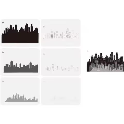 6 Pcs Layered City Skyline Stencil - 11.7x8.3inch Reusable Buildings Pattern Template for Wood Wall 