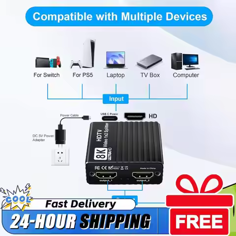 HDTV 1X2 Splitter 8K60hz/4K120hz/1080P240hz HDMI-Compatible 1 To 2 Splitter Dual Display Video Split