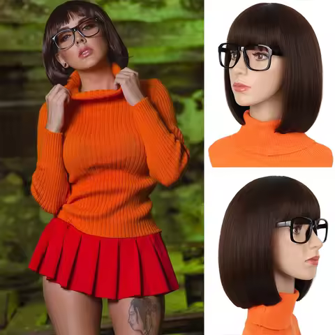 Brown Bob Wig with Bangs Short Straight Bob Velma Wig for Women Heat Resistant for Halloween Cosplay