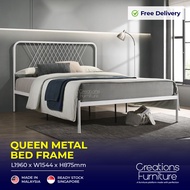 SINGLE &amp; QUEEN Size Metal Bed Frame Powder Coated White Frame Design Headboard Solid Durable Legs Bedroom - CAMILA