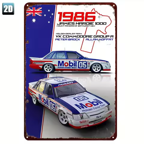 Vintage 1986 Hardie 1000 Race Car Tin Sign - Oil VK Commodore Group A Rally Tribute with Peter Brock