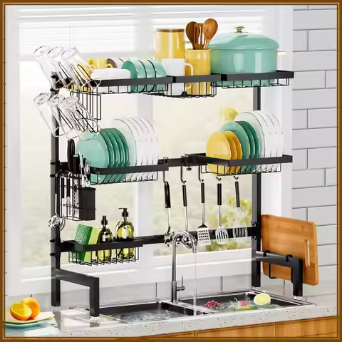 Over Sink Dish Drying Rack, Expandable 25.7-37.6 Inch, 3-Tier Stainless Steel, 6 Accessories Include