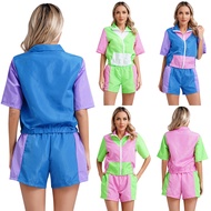 inhzoy Womens Vintage 80s Disco Fashion Sweatshirt Outfit Half Sleeve Front Zip Outwear Elastic Wais