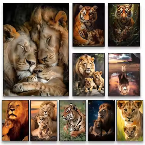 Animal Aesthetics Wild Lion Tiger And Cub Poster Stickers Art Wall Murals Decor Decor Gifts Kawaii H