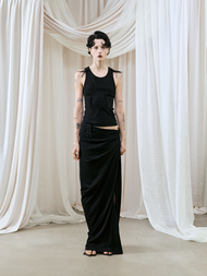 กระโปรงยาวปานกลางเอวสูงทรงเอผ้าถักสีดำ กางเกงขายาวทรงเอเปิดด้านข้างสองหัวซิป a KIND EGO แฟชั่นฤดูร้อ