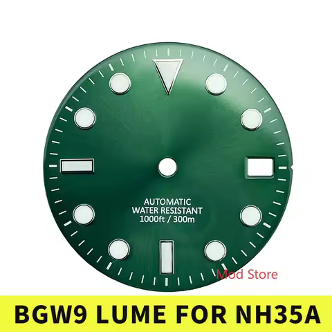 28.5mm Green BGW9 Enamel Dial Part for SKX Mod SUB Style Compatible with NH35A Movements Waterproof 