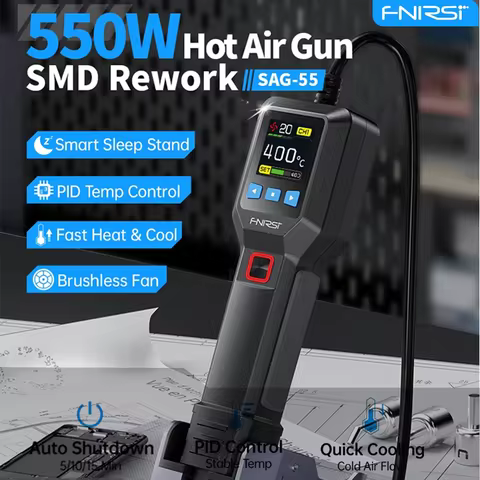 FNIRSI SAG-55 550W Hot Air Gun with Stand Rework LCD Digital Hair Dryer Adjustable Temperature Heat 