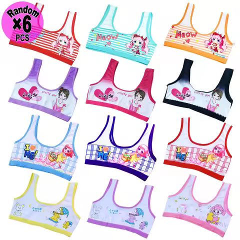 6-Pack Girls' Teen Underwear Comfortable Sports Training Bra White Contrast Color Cartoon Tank Top K