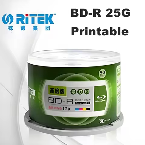 50PCS/BOX Ritek BD-R 25GB Printable Blu-ray Blank Discs 1-12X 130Min Recording Blue Ray Disc