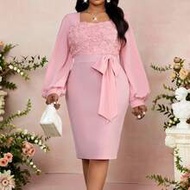 Spring And Summer Elegant Wedding Valentine's Day Pink Dresses 3D Rose Bishop Sleeve Big Bow For Wom